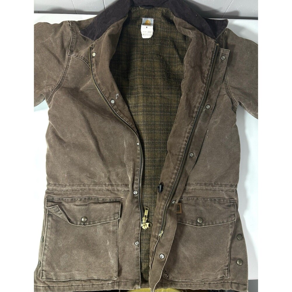 Vtg Carhartt C52 Brown Distressed Cargo Jacket Flannel Lined Medium Reg